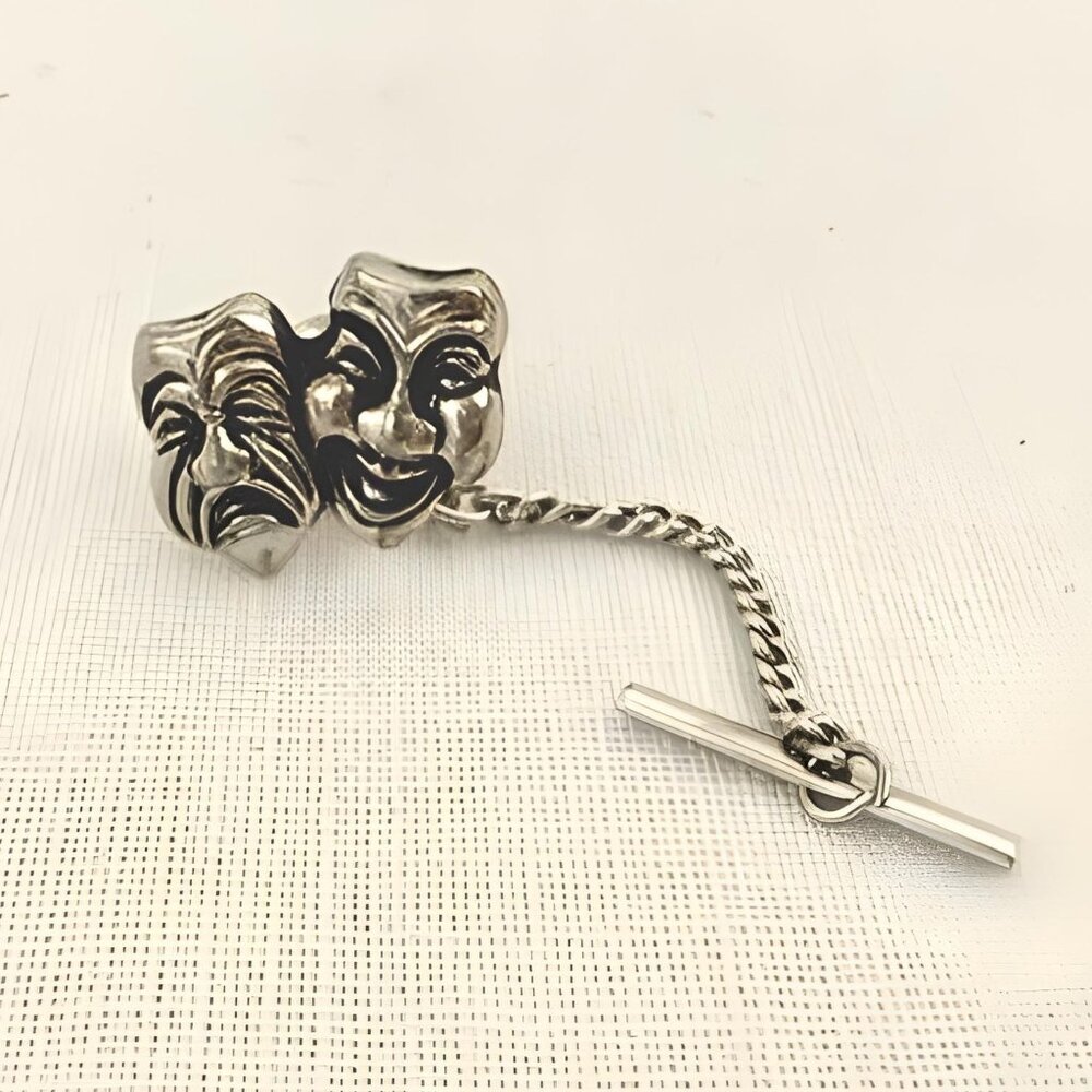 Vintage Theater Masks Tie Tack Pin .75in Silver Tone Drama Chain Toggle Bar